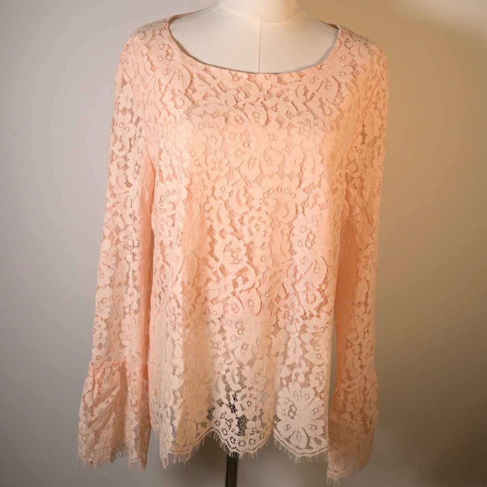 Rose + Olive Peach Floral Lace Bell Sleeve Blouse Top NWT Large Cottagecore